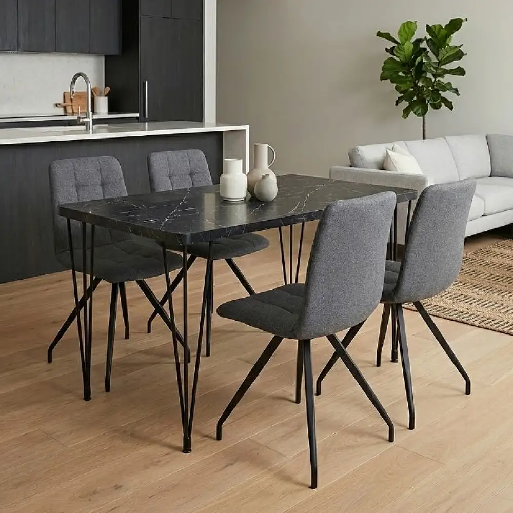 Σετ τραπεζαρία 5τμχ Roger - Bianca Megapap Mdf - ύφασμα χρώμα μαύρο εφέ μαρμάρου - γκρι 120x70x75εκ. | GP100-0133,1