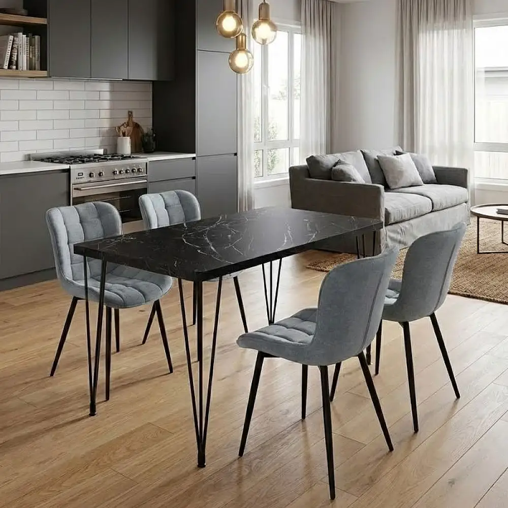 Σετ τραπεζαρία 5τμχ Roger - Chiara Megapap Mdf - ύφασμα χρώμα μαύρο εφέ μαρμάρου - γκρι 120x70x75εκ. | GP100-0134,2