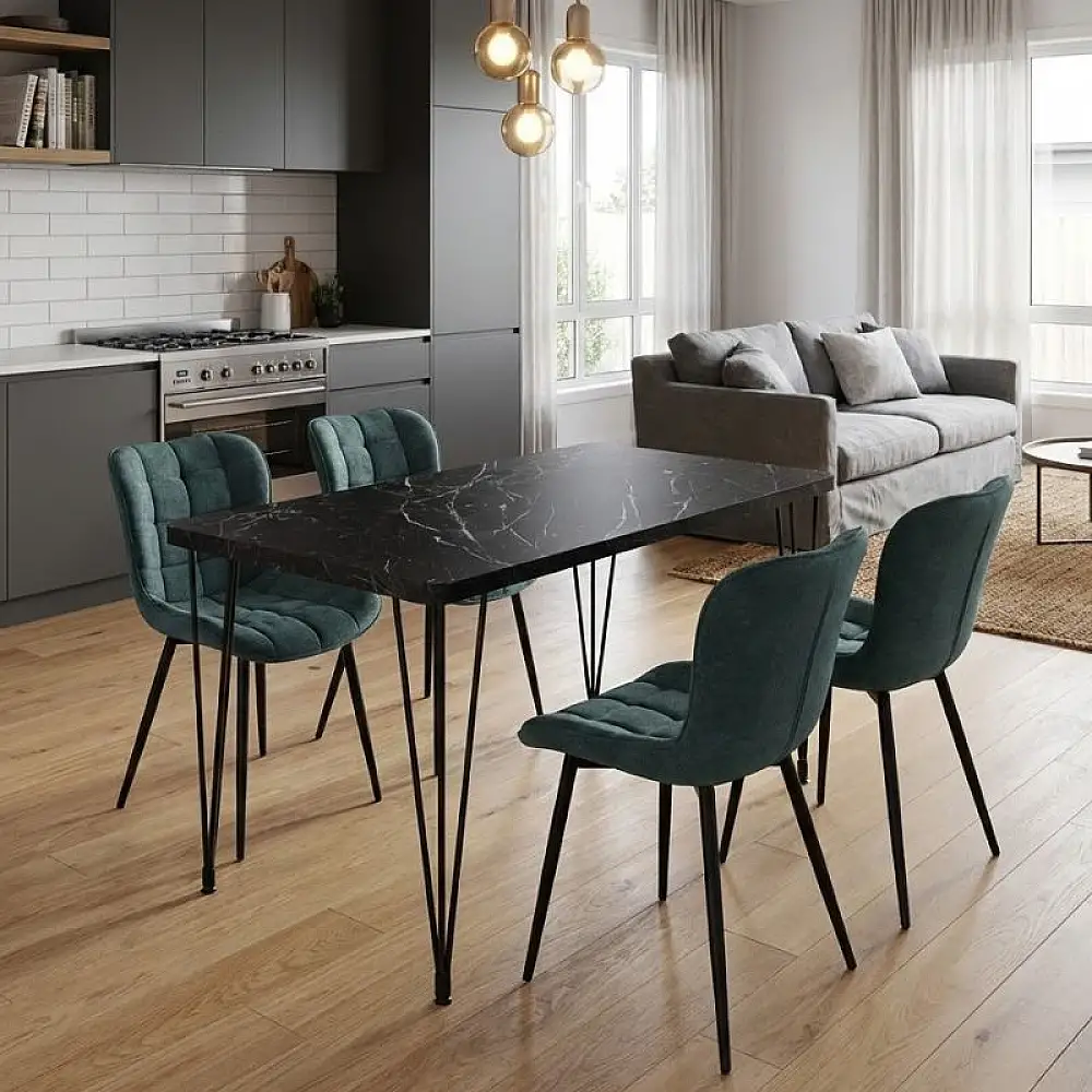 Σετ τραπεζαρία 5τμχ Roger - Chiara Megapap Mdf - ύφασμα χρώμα μαύρο εφέ μαρμάρου - πράσινο 120x70x75εκ. | GP100-0134,3