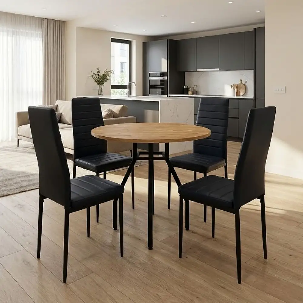 Σετ τραπεζαρία 5τμχ Roma - Rosa Megapap χρώμα pine oak - μαύρο Ø80x75εκ. | GP100-0186,1