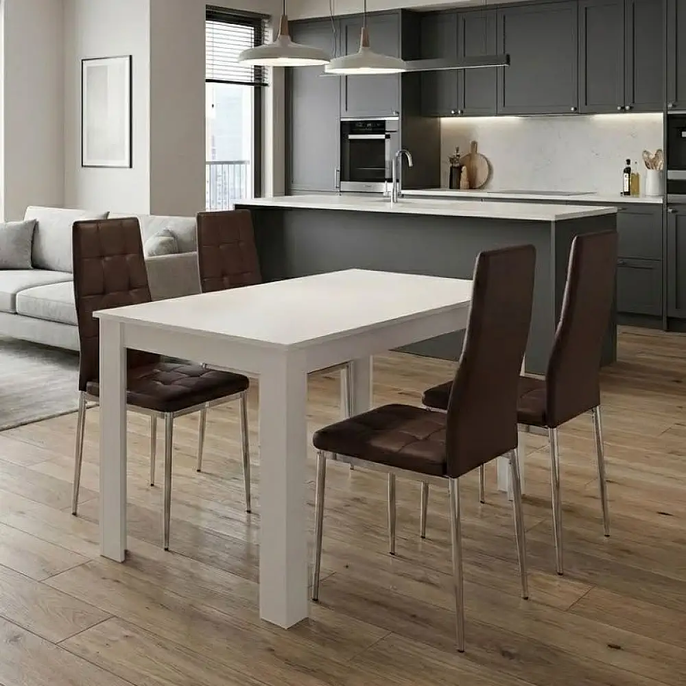 Σετ τραπεζαρία 5τμχ Darlen - Rosa Megapap χρώμα λευκό - καφέ/χρωμίου πόδι 125x72x74εκ. | GP100-0220,3