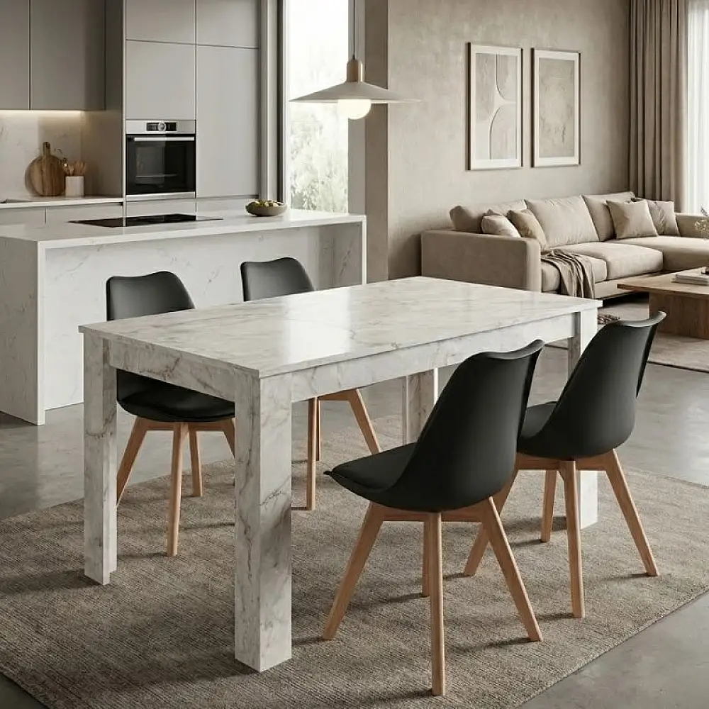 Σετ τραπεζαρία 5τμχ Darlen - Viva Megapap χρώμα λευκό εφέ μαρμάρου - μαύρο/φυσικό πόδι 125x72x74εκ. | GP100-0265,2