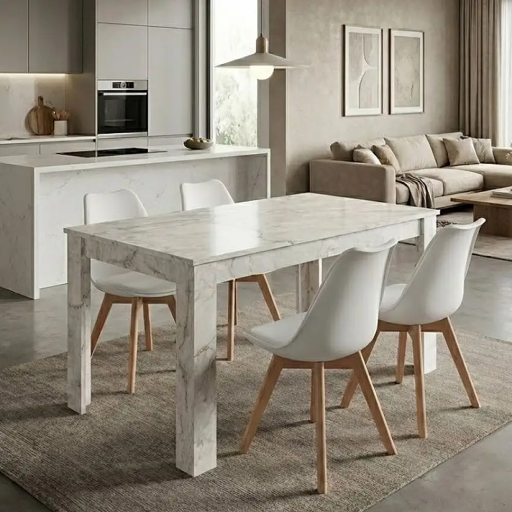 Σετ τραπεζαρία 5τμχ Darlen - Viva Megapap χρώμα λευκό εφέ μαρμάρου - λευκό/φυσικό πόδι 125x72x74εκ. | GP100-0265,3
