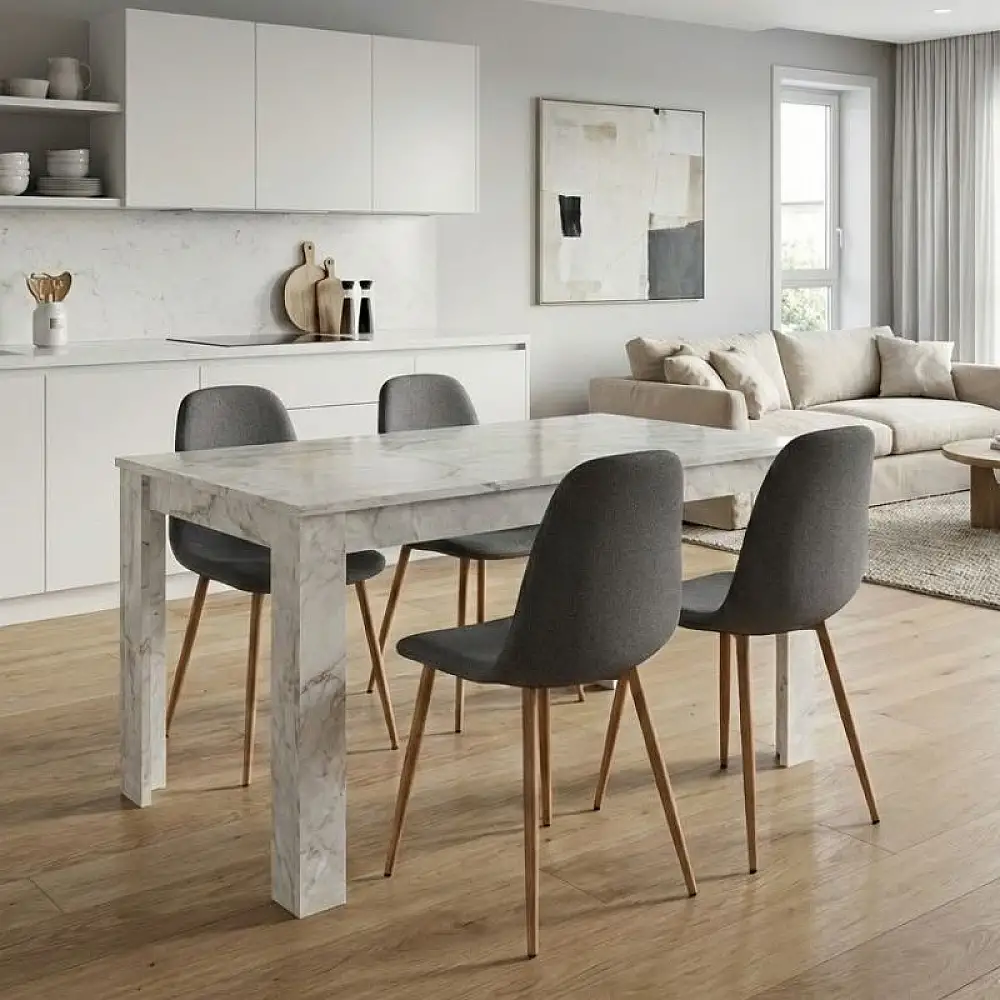 Σετ τραπεζαρία 5τμχ Darlen - Iris Megapap χρώμα λευκό εφέ μαρμάρου - γκρι/φυσικό πόδι 125x72x74εκ. | GP100-0267,1