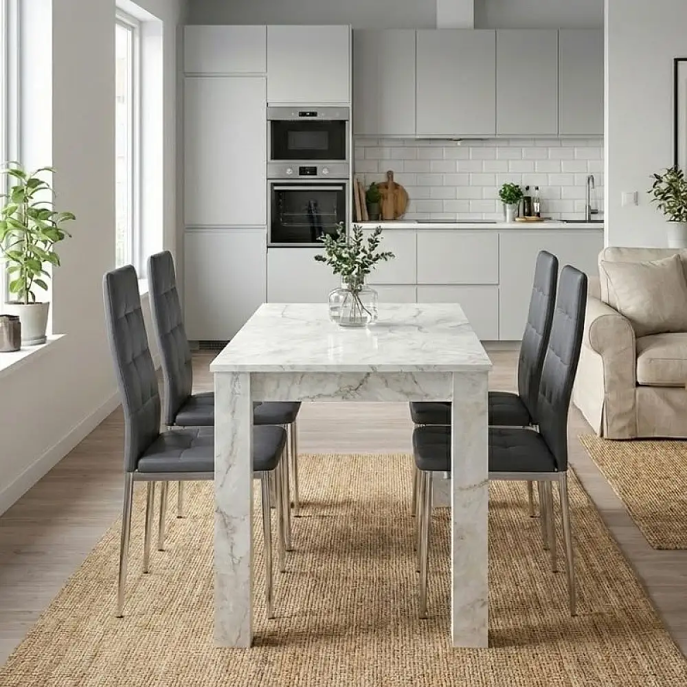 Σετ τραπεζαρία 5τμχ Darlen - Rosa Megapap χρώμα λευκό εφέ μαρμάρου - γκρι/χρωμίου πόδι 125x72x74εκ. | GP100-0268,2