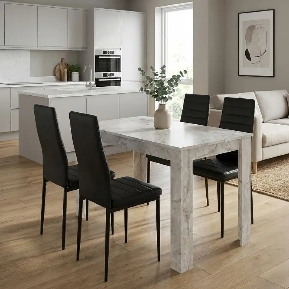 Σετ τραπεζαρία 5τμχ Darlen - Rosa Megapap χρώμα λευκό εφέ μαρμάρου - μαύρο 125x72x74εκ. | GP100-0269,1