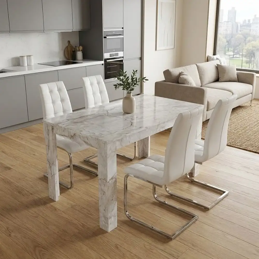 Σετ τραπεζαρία 5τμχ Darlen - Vela Megapap χρώμα λευκό εφέ μαρμάρου - λευκό 125x72x74εκ. | GP100-0271,2