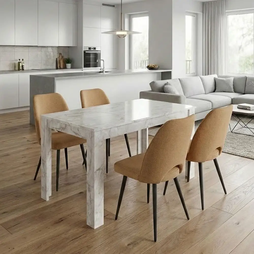 Σετ τραπεζαρία 5τμχ Darlen - Christy Megapap χρώμα λευκό εφέ μαρμάρου - μουσταρδί 125x72x74εκ. | GP100-0276,3