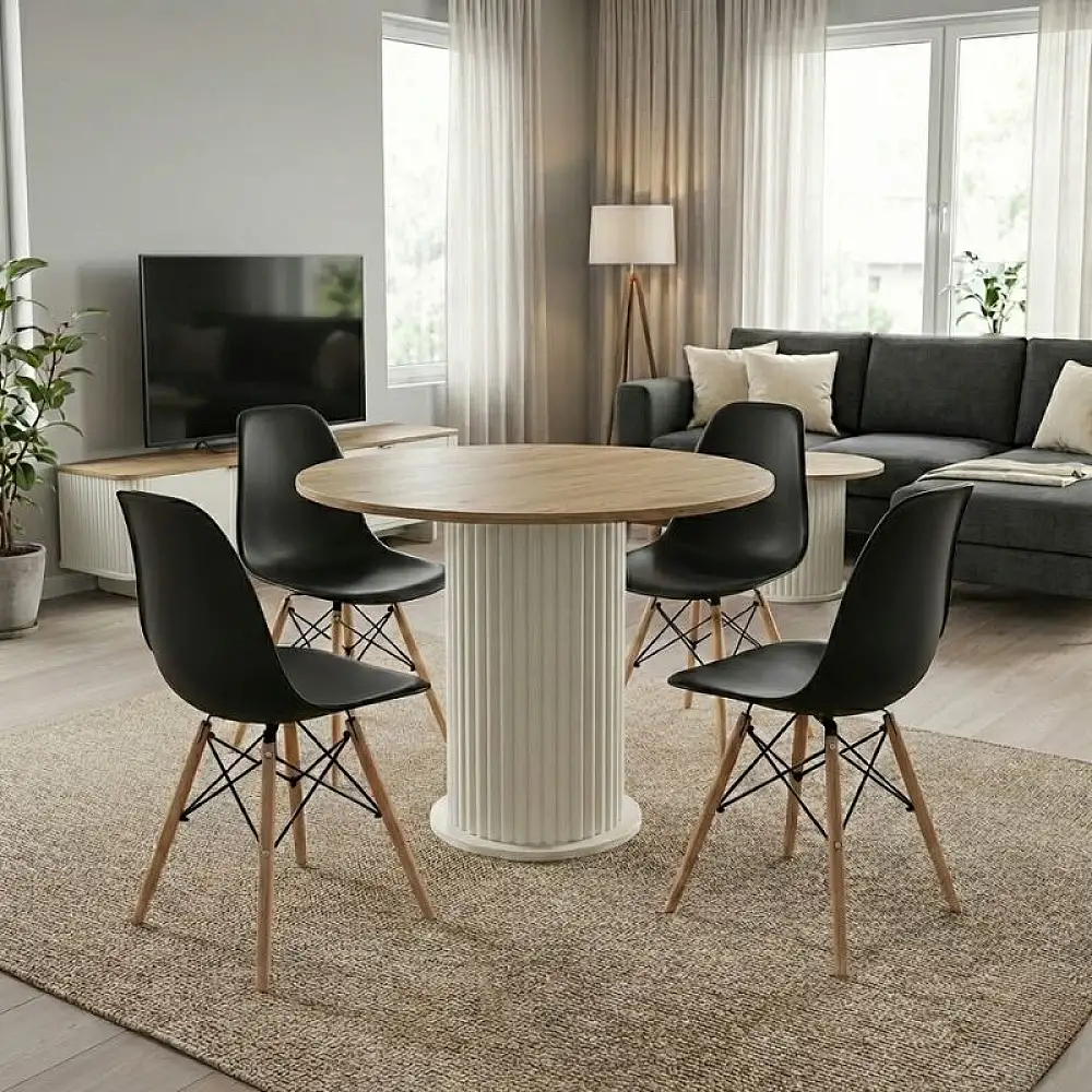 Σετ τραπεζαρία 5τμχ Bohema - Nova Megapap χρώμα ivory/sepet oak - μαύρο Ø90x77,7εκ. | GP100-0283,1