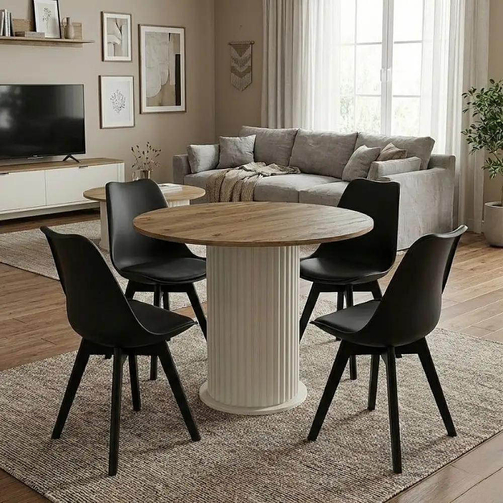 Σετ τραπεζαρία 5τμχ Bohema - Viva Megapap χρώμα ivory/sepet oak - μαύρο Ø90x77,7εκ. | GP100-0284,1