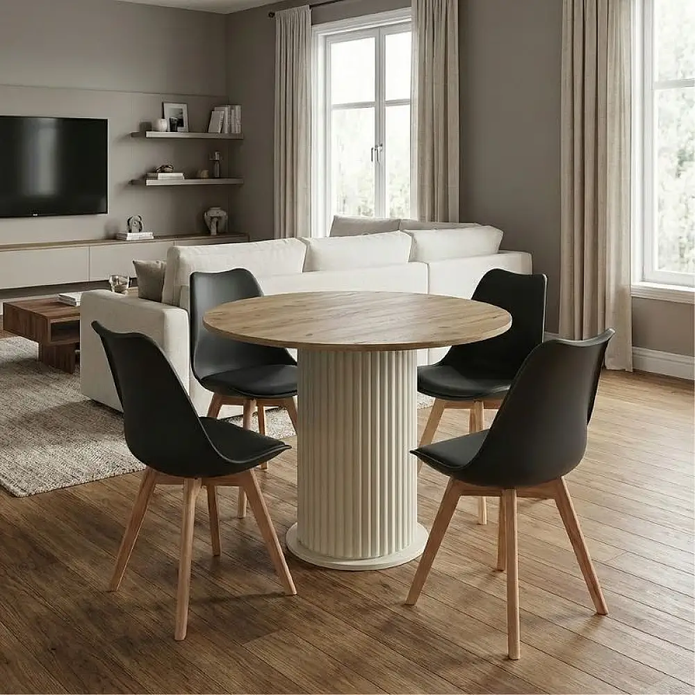 Σετ τραπεζαρία 5τμχ Bohema - Viva Megapap χρώμα ivory/sepet oak - μαύρο/φυσικό πόδι Ø90x77,7εκ. | GP100-0285,2