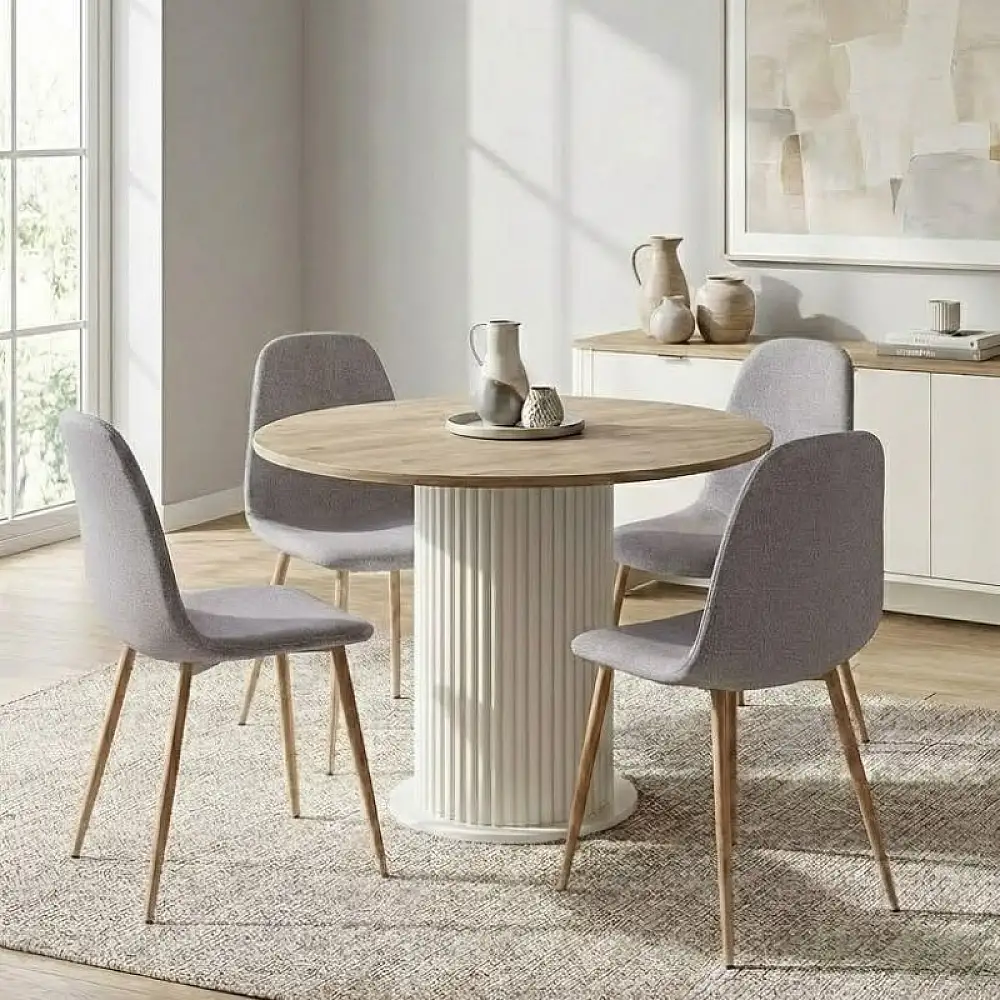 Σετ τραπεζαρία 5τμχ Bohema - Iris Megapap χρώμα ivory/sepet oak - ανοιχτό μπεζ Ø90x77,7εκ. | GP100-0286,2