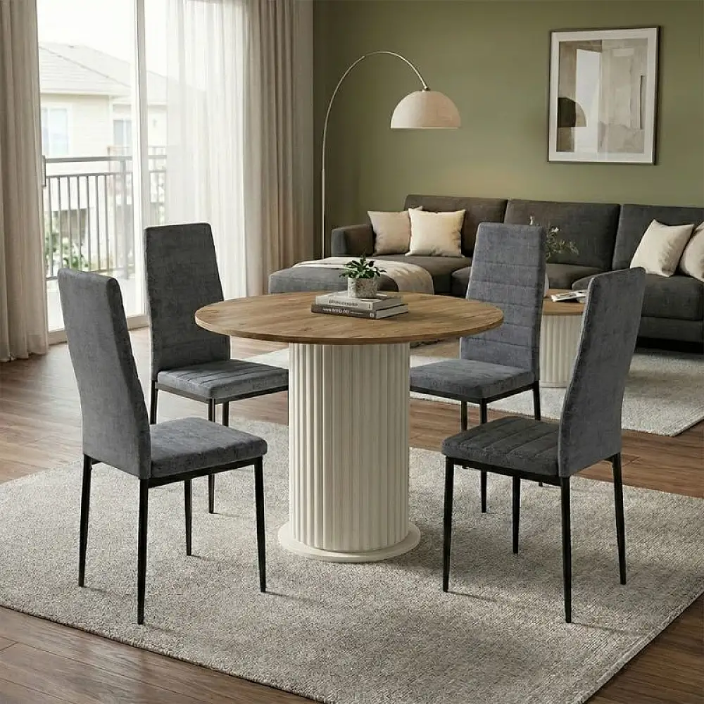 Σετ τραπεζαρία 5τμχ Bohema - Rosa Megapap χρώμα ivory/sepet oak - γκρι Ø90x77,7εκ. | GP100-0288,1