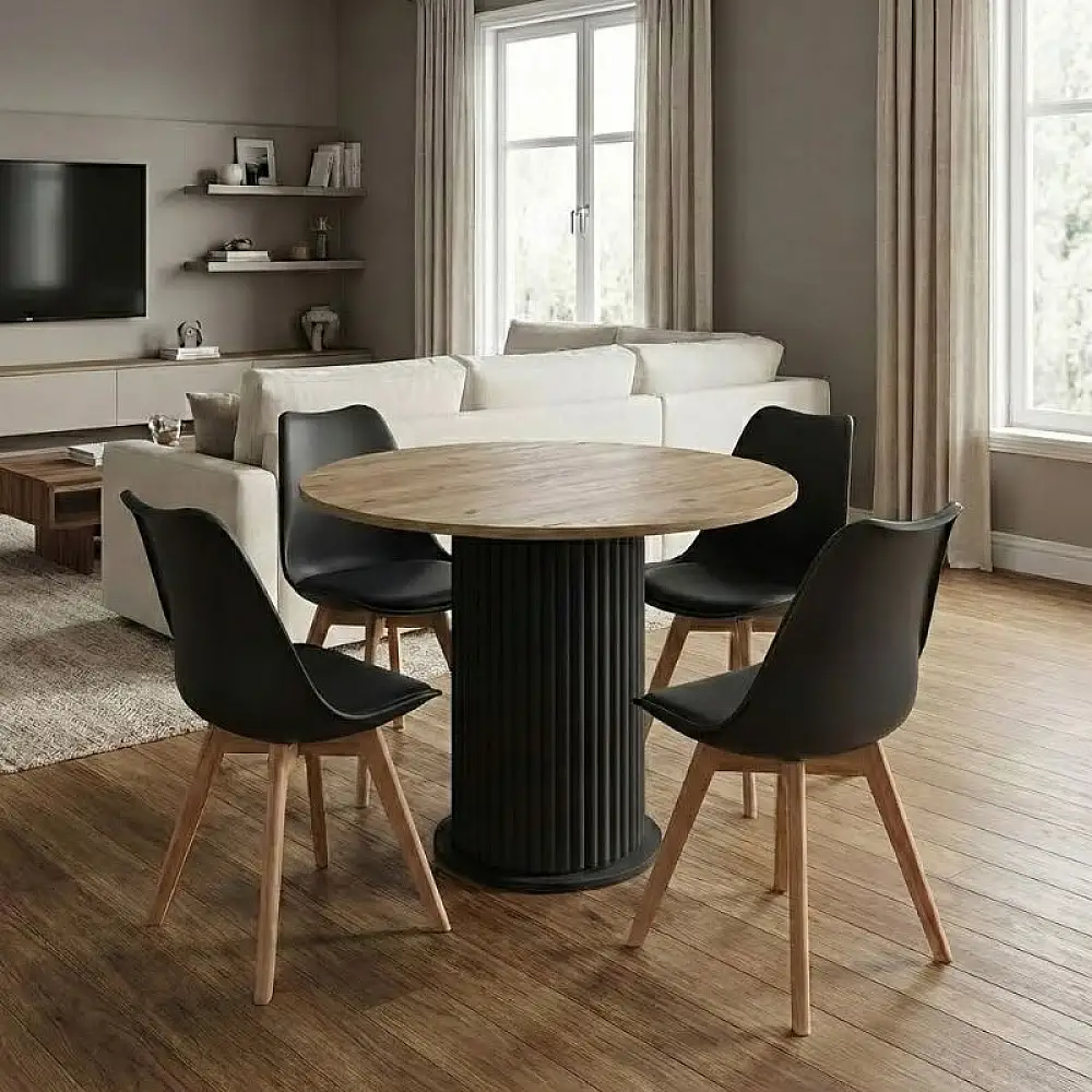 Σετ τραπεζαρία 5τμχ Bohema - Viva Megapap χρώμα μαύρο/sepet oak - μαύρο/φυσικό πόδι Ø90x77,7εκ. | GP100-0292,2