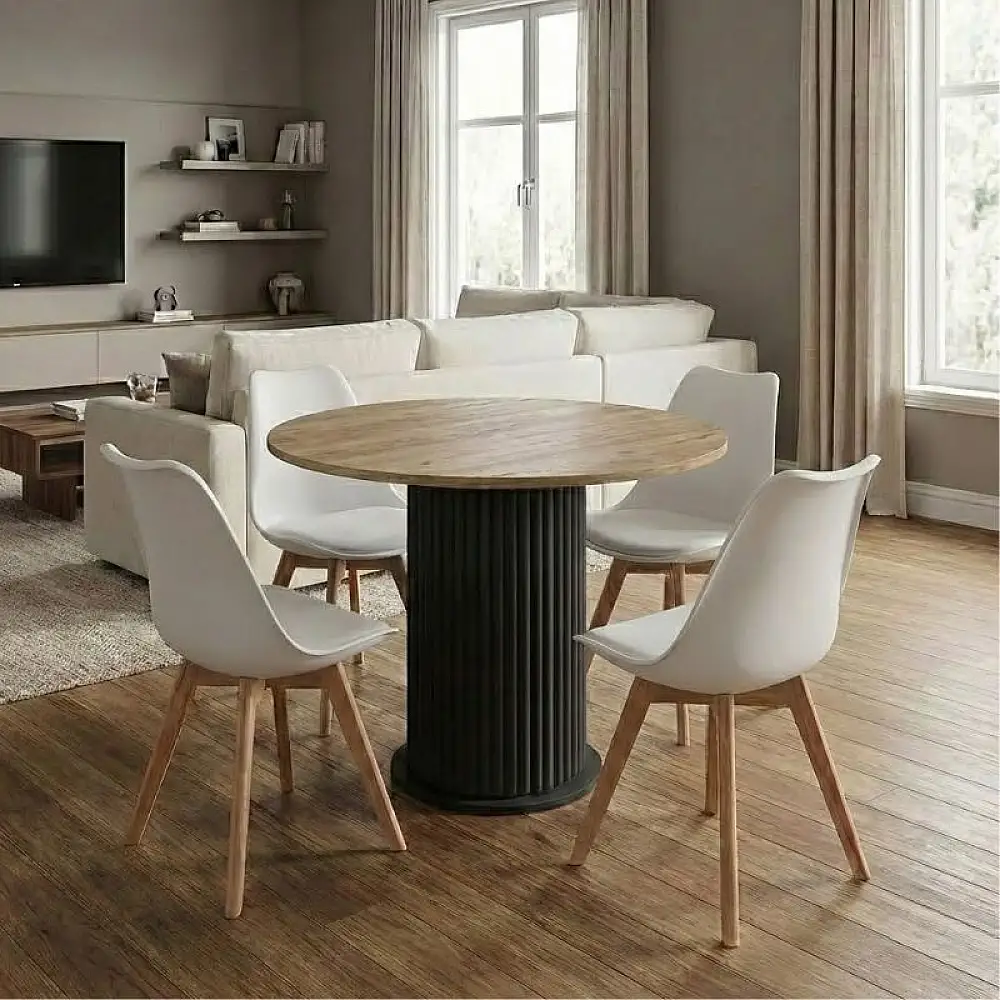 Σετ τραπεζαρία 5τμχ Bohema - Viva Megapap χρώμα μαύρο/sepet oak - λευκό/φυσικό πόδι Ø90x77,7εκ. | GP100-0292,3