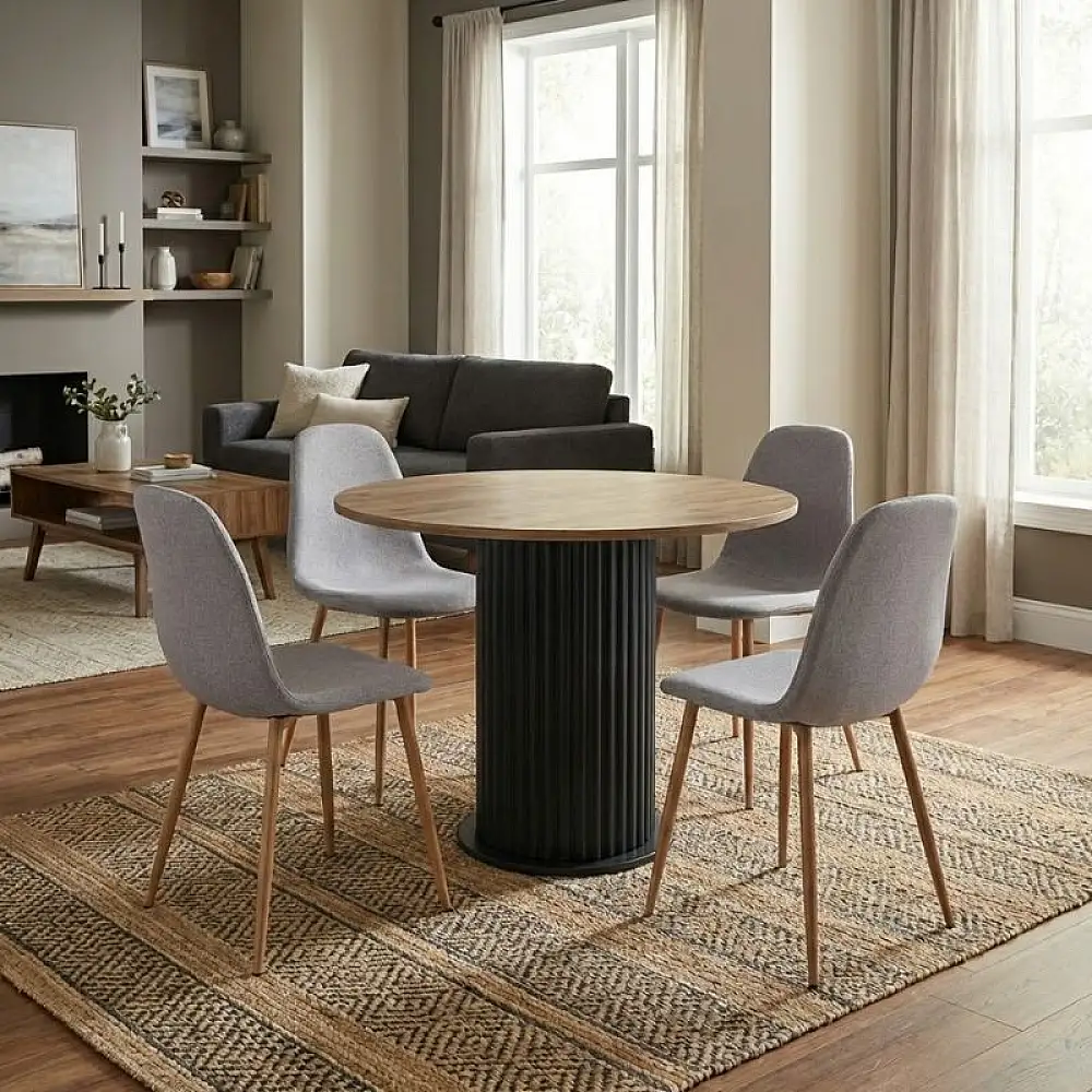 Σετ τραπεζαρία 5τμχ Bohema - Iris Megapap χρώμα μαύρο/sepet oak - ανοιχτό μπεζ/φυσικό πόδι Ø90x77,7εκ. | GP100-0294,2