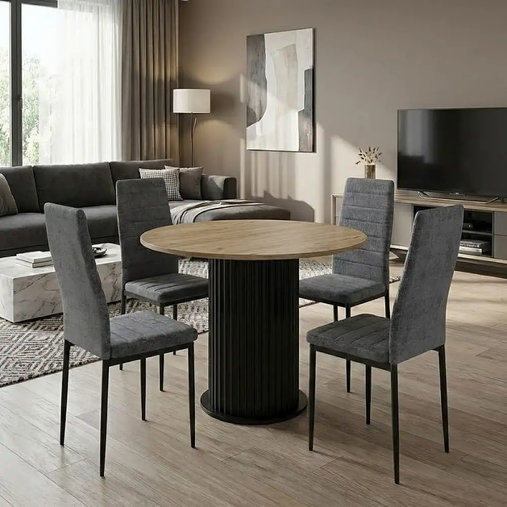 Σετ τραπεζαρία 5τμχ Bohema - Rosa Megapap χρώμα μαύρο/sepet oak - γκρι Ø90x77,7εκ. | GP100-0296,1