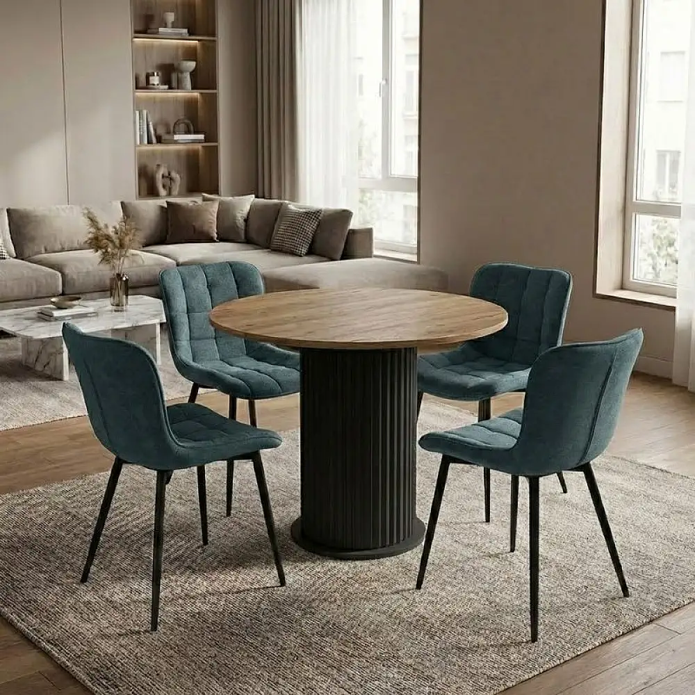 Σετ τραπεζαρία 5τμχ Bohema - Chiara Megapap χρώμα μαύρο/sepet oak - πράσινο Ø90x77,7εκ. | GP100-0299,3