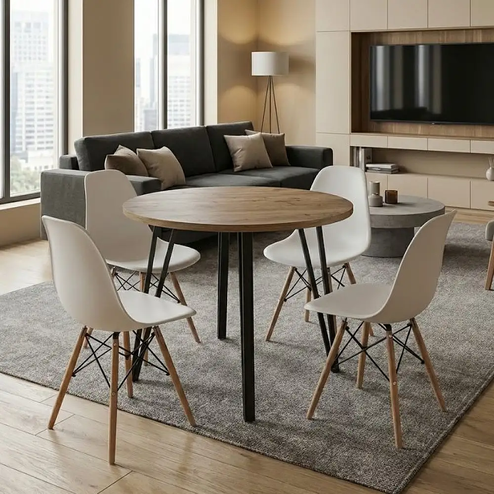 Σετ τραπεζαρία 5τμχ Xana - Nova Megapap χρώμα sepet oak - λευκό Ø90x77,7εκ. | GP100-0300,2