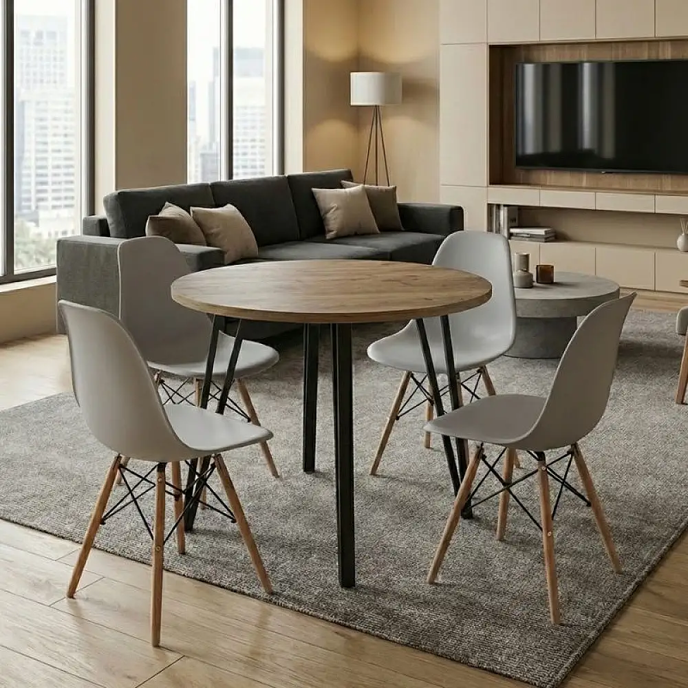 Σετ τραπεζαρία 5τμχ Xana - Nova Megapap χρώμα sepet oak - γκρι Ø90x77,7εκ. | GP100-0300,3