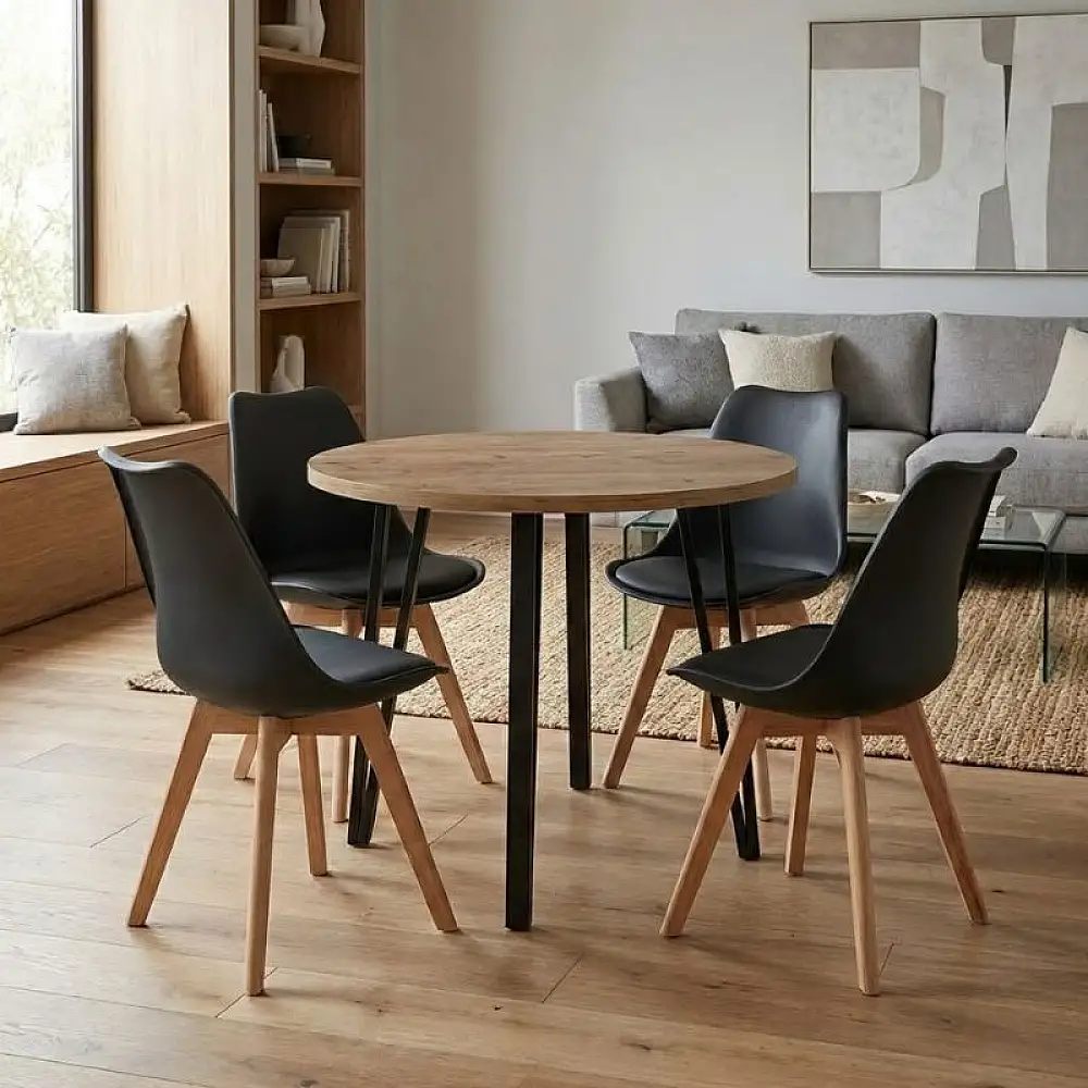 Σετ τραπεζαρία 5τμχ Xana - Viva Megapap χρώμα sepet oak - μαύρο Ø90x77,7εκ. | GP100-0302,2