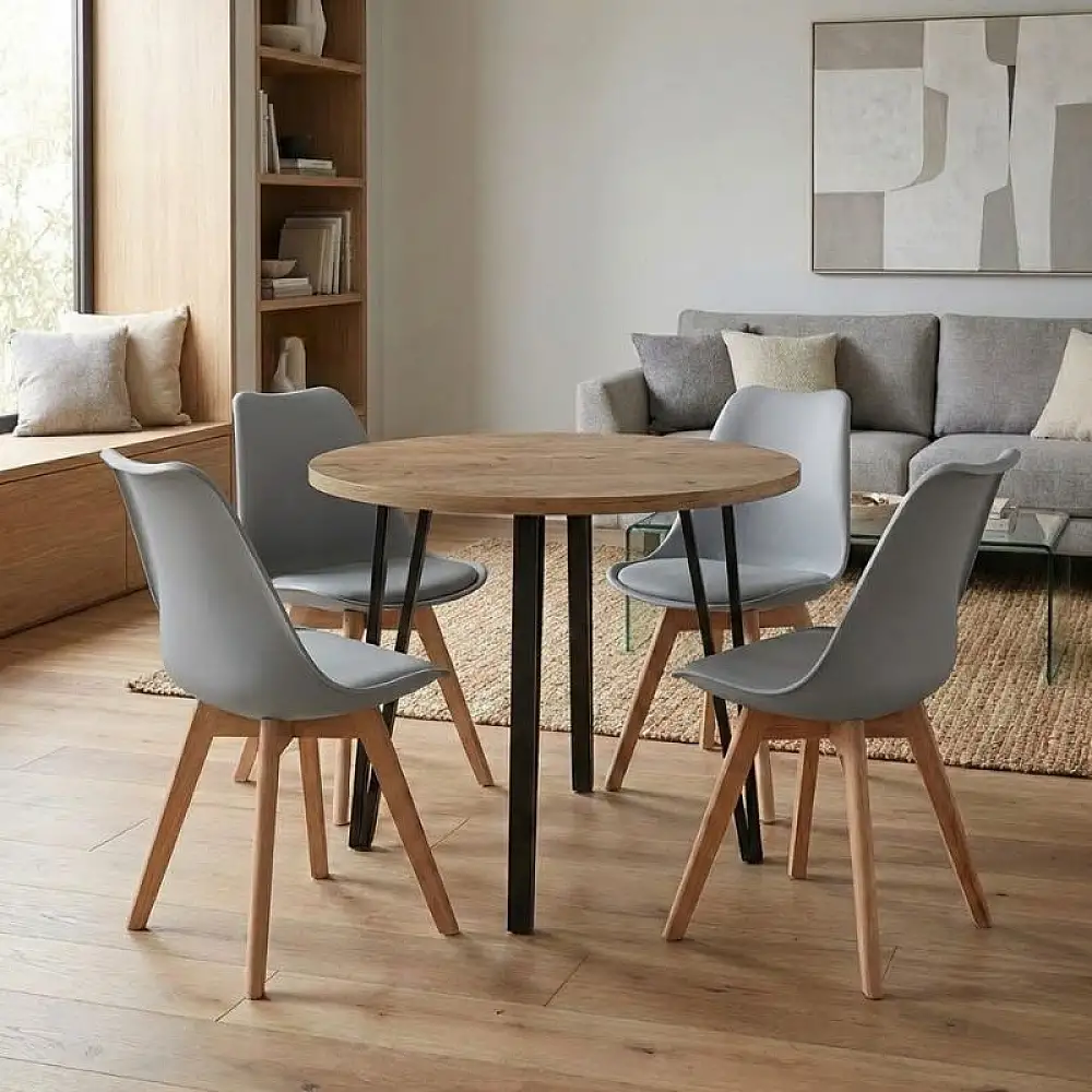 Σετ τραπεζαρία 5τμχ Xana - Viva Megapap χρώμα sepet oak - γκρι Ø90x77,7εκ. | GP100-0302,4