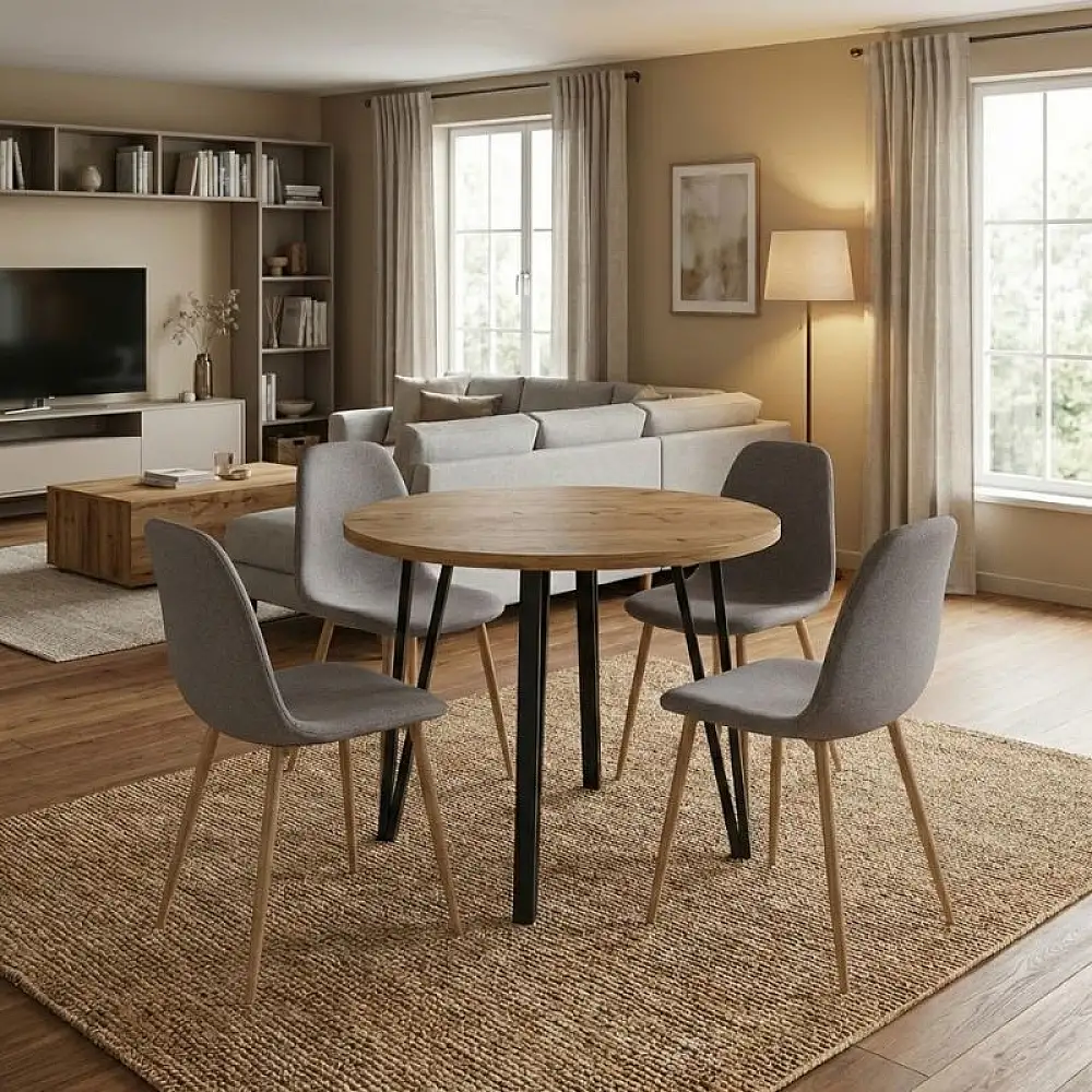 Σετ τραπεζαρία 5τμχ Xana - Iris Megapap χρώμα sepet oak - ανοιχτό μπεζ/φυσικό πόδι Ø90x77,7εκ. | GP100-0304,2