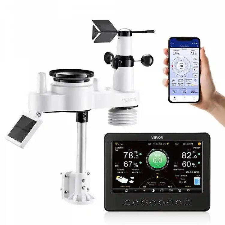 VEVOR 7-σε-1 Wi-Fi Μετεωρολογικός Σταθμός, Οθόνη TFT 177.8 mm, Ασύρματος Ηλιακός Εξωτερικός Αισθητήρας, Βροχόμετρο, Εσωτερικού-Εξωτερικού για Πρόγνωση Καιρού, Ταχύτητα & Κατεύθυνση Ανέμου, Θερμοκρασία, Υγρασία, Βροχόπτωση TYNQXZWIFI75YOYUJ001V2