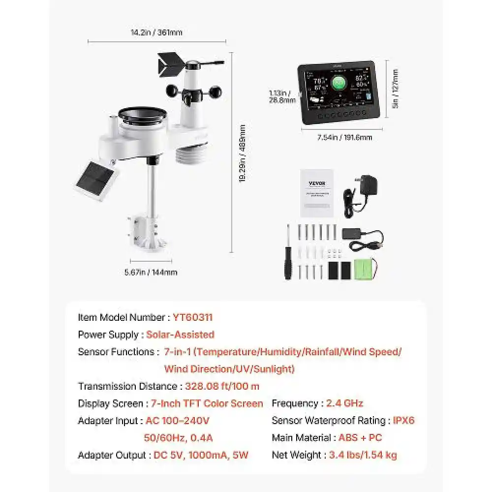 VEVOR 7-σε-1 Wi-Fi Μετεωρολογικός Σταθμός, Οθόνη TFT 177.8 mm, Ασύρματος Ηλιακός Εξωτερικός Αισθητήρας, Βροχόμετρο, Εσωτερικού-Εξωτερικού για Πρόγνωση Καιρού, Ταχύτητα & Κατεύθυνση Ανέμου, Θερμοκρασία, Υγρασία, Βροχόπτωση TYNQXZWIFI75YOYUJ001V2