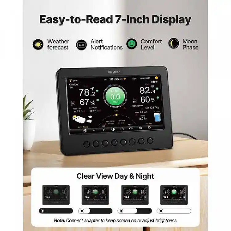 VEVOR 7-σε-1 Wi-Fi Μετεωρολογικός Σταθμός, Οθόνη TFT 177.8 mm, Ασύρματος Ηλιακός Εξωτερικός Αισθητήρας, Βροχόμετρο, Εσωτερικού-Εξωτερικού για Πρόγνωση Καιρού, Ταχύτητα & Κατεύθυνση Ανέμου, Θερμοκρασία, Υγρασία, Βροχόπτωση TYNQXZWIFI75YOYUJ001V2