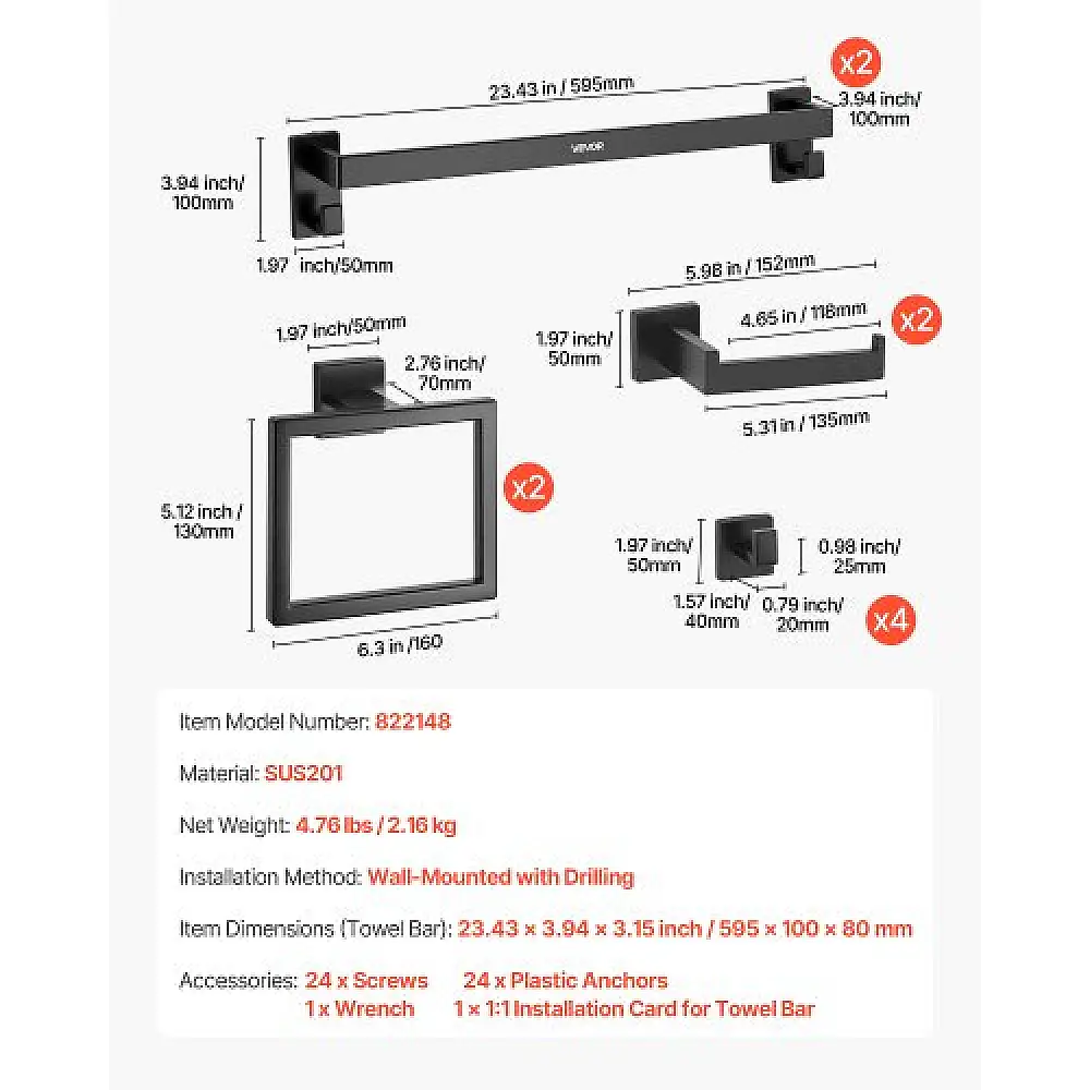 VEVOR Σετ Μαύρου Ματ Μπάνιου: 10τμχ, 2 Μπάρες 24" & Αξεσουάρ Τοίχου DGMJGTZ24INCKOXI8001V0