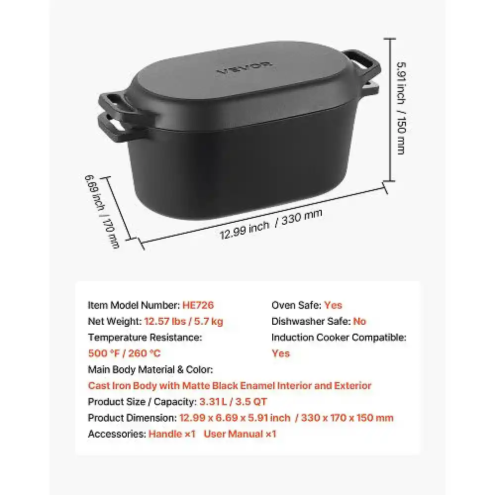 VEVOR Μαύρη Εμαγιέ Χυτρινή Κατσαρόλα 3.3L με Καπάκι και Διπλές Λαβές, Ανθεκτική για Όλες τις Εστίες ZTHLKX35QTTC2ET9Q001V0