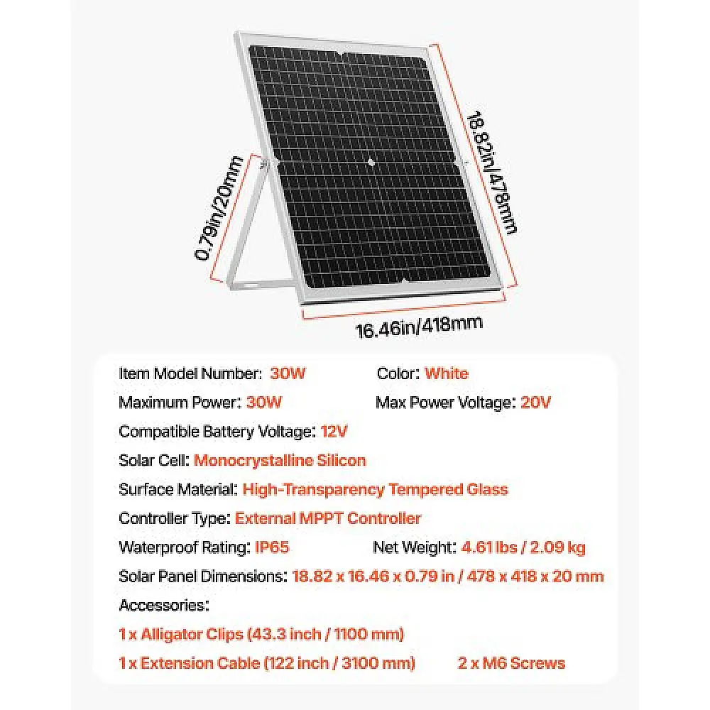 VEVOR Ηλιακός Φορτιστής Μπαταρίας 30W 12V με MPPT & Ρυθμιζόμενη Βάση, IP67 Αδιάβροχο για Αυτοκίνητο, Σκάφος, RV, Μηχανή ZJKXLDJG30WWQGYWF001Y3