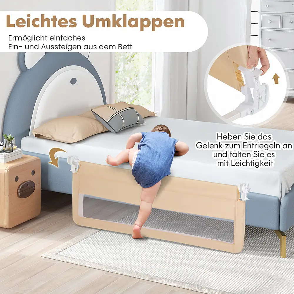 Costway 150 εκ. Αναδιπλούμενο Παιδικό Κάγκελο Κρεβατιού με Αφαιρούμενο Κάλυμμα και Διαπνέον Πλέγμα σε Μπεζ χρώμα BS10044BE