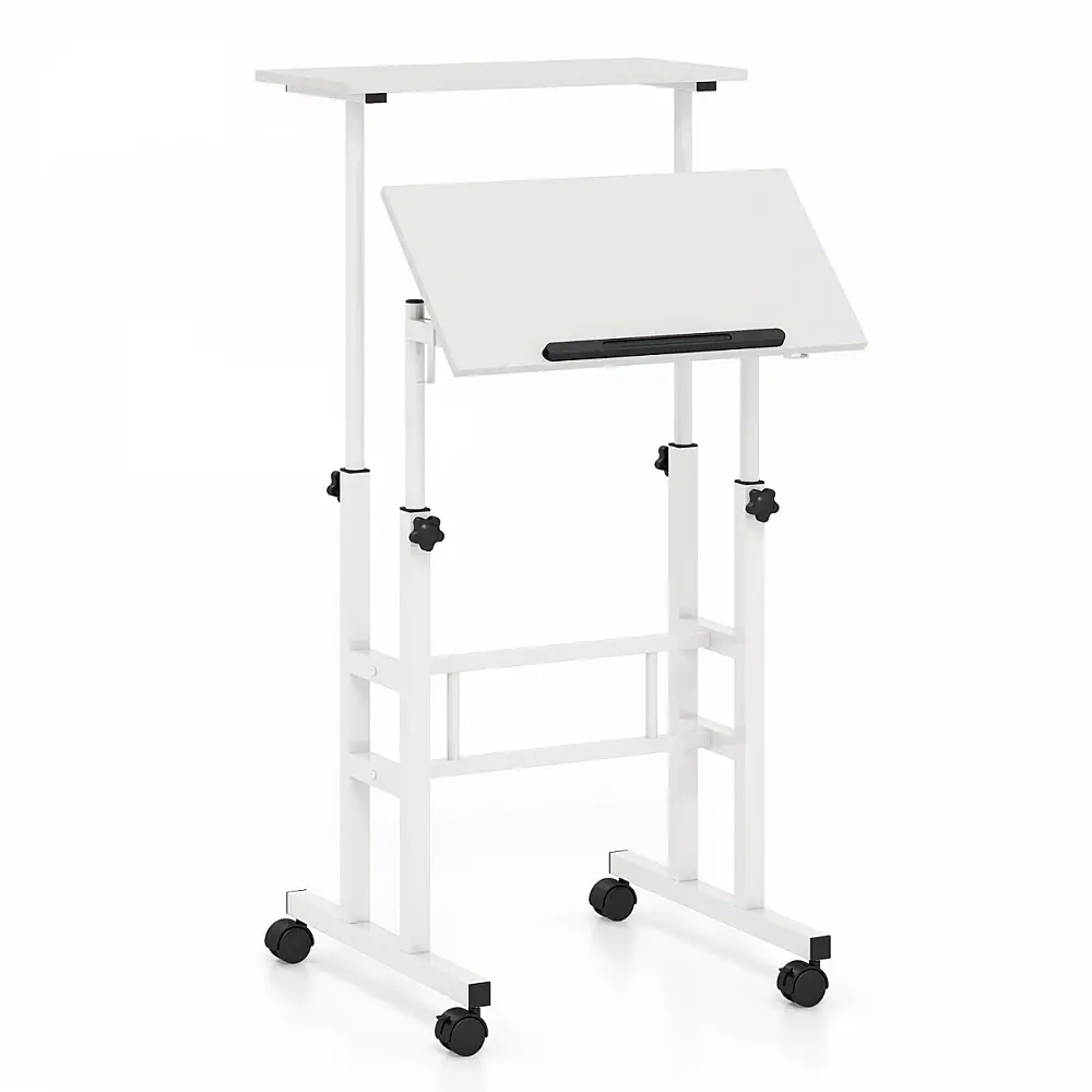 Costway Ρυθμιζόμενο Έπιπλο Γραφείου με Διπλό Επίπεδο και Ρόδες σε Λευκό CB10729WH