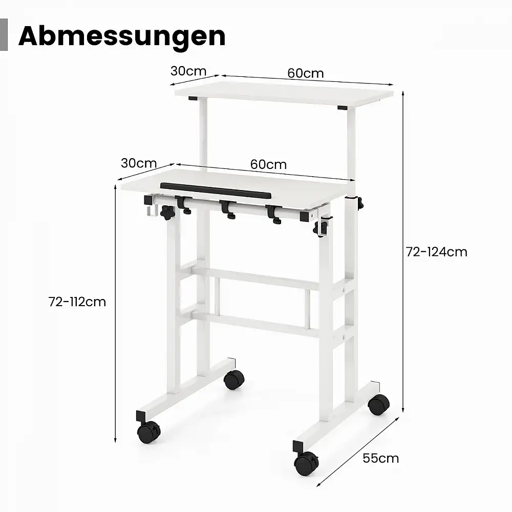 Costway Ρυθμιζόμενο Έπιπλο Γραφείου με Διπλό Επίπεδο και Ρόδες σε Λευκό CB10729WH