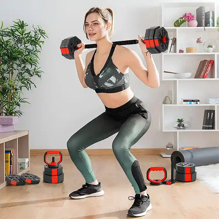 SPORTNOW Σετ Βαρών Γυμναστηρίου 4 σε 1 με Συνολικό Βάρος 30kg, Μετατρέψιμο σε Kettlebell, 2 Αλτήρες, Μπάρα και Υποστήριξη για Κάμψεις, Κόκκινο A91-414V04RD