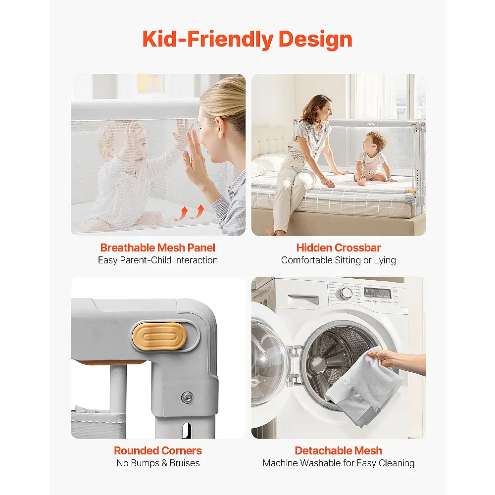 VEVOR Προστατευτικό Κάγκελο Κρεβατιού Μωρού 2000 x 680 mm - Ρυθμιζόμενο Ύψος 210 mm, 3 Όψεων, Γκρι YYECLHHLBYSXMTV7G001V0