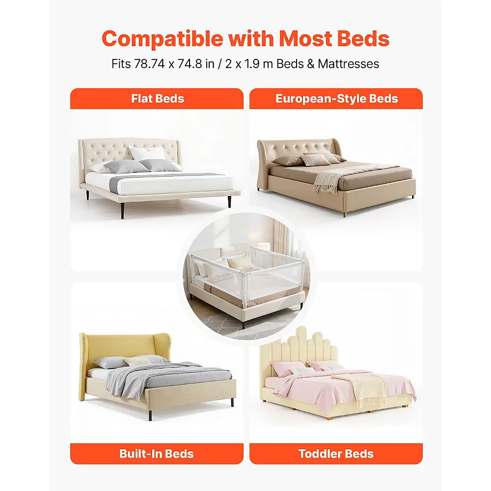 VEVOR Προστατευτικό Κάγκελο Κρεβατιού Μωρού 2000 x 680 mm - Ρυθμιζόμενο Ύψος 210 mm, 3 Όψεων, Γκρι YYECLHHLBYSXMTV7G001V0