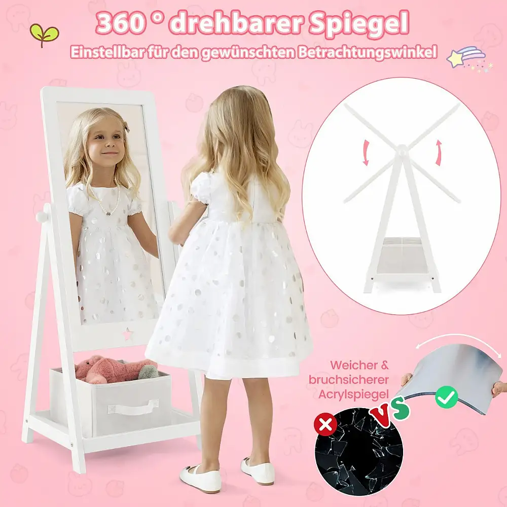 Παιδικός Καθρέφτης Δαπέδου Ολόσωμος με Αποθηκευτικό Χώρο και Περιστροφή 360° 45 x 40 x 112 cm - Λευκό HY10302WH Costway