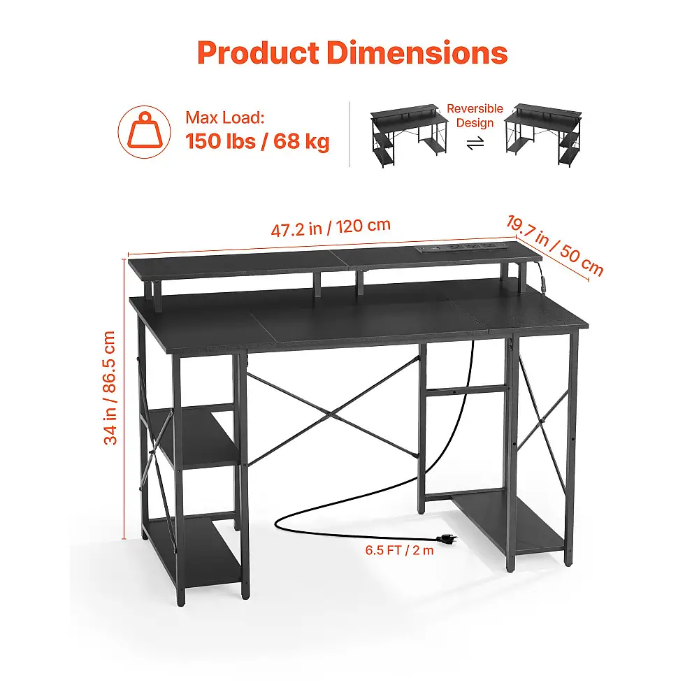VEVOR Γραφείο Υπολογιστή με LED Φώτα, 120 εκ., με Ρυθμιζόμενη Ράφι και Αποθηκευτικούς Χώρους GDJXBGZDZJZJPINRG001V2