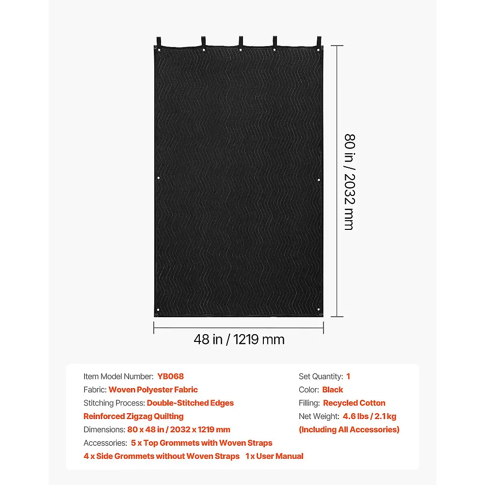VEVOR Ηχομονωτική Κουβέρτα 80 x 48 in με Μεταλλικούς Κρίκους για Θερμομόνωση και Ηχοαπορρόφηση DCBYTL96W48I9SVVT001V0