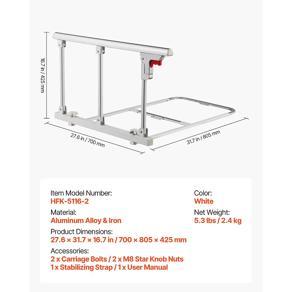 VEVOR Πτυσσόμενο Κάγκελο Κρεβατιού για Ηλικιωμένους - Ρυθμιζόμενο και Αξιόπιστο Υποβοηθητικό Μέσο Πλευράς Κρεβατιού BCBSBCBSKZD7D6RFJ001V0