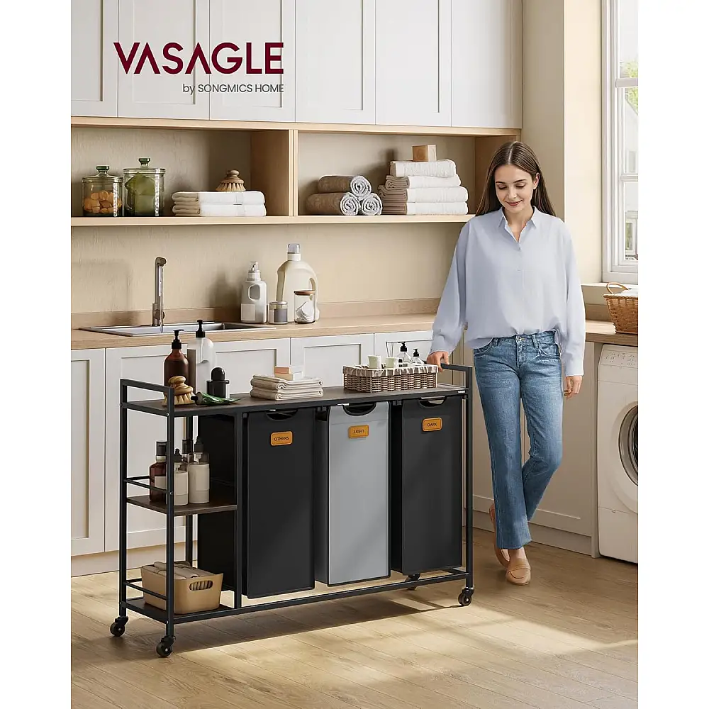 VASAGLE Τροχήλατο Έπιπλο Μπάνιου με 3 Διαχωριστικά Καλάθια Απλύτων 117x33x80.5cm Χωρητικότητας 150 Lτ BLH312B01