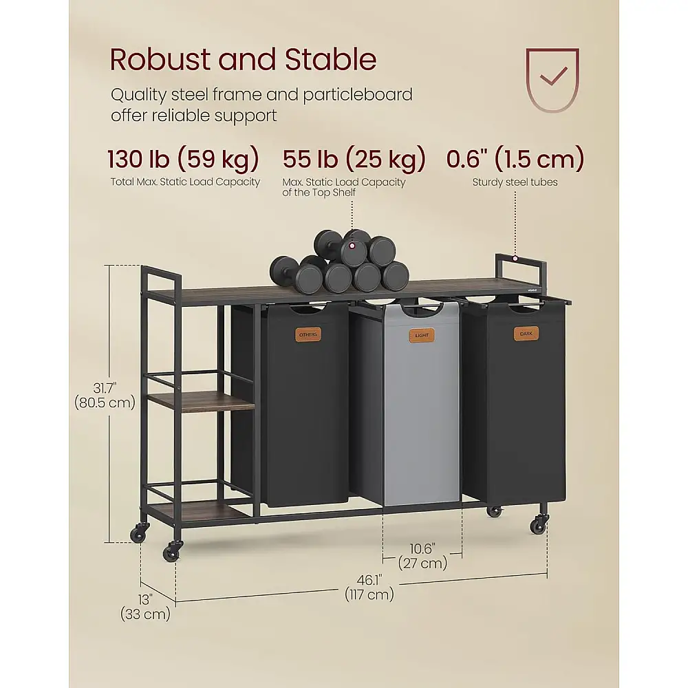 VASAGLE Τροχήλατο Έπιπλο Μπάνιου με 3 Διαχωριστικά Καλάθια Απλύτων 117x33x80.5cm Χωρητικότητας 150 Lτ BLH312B01