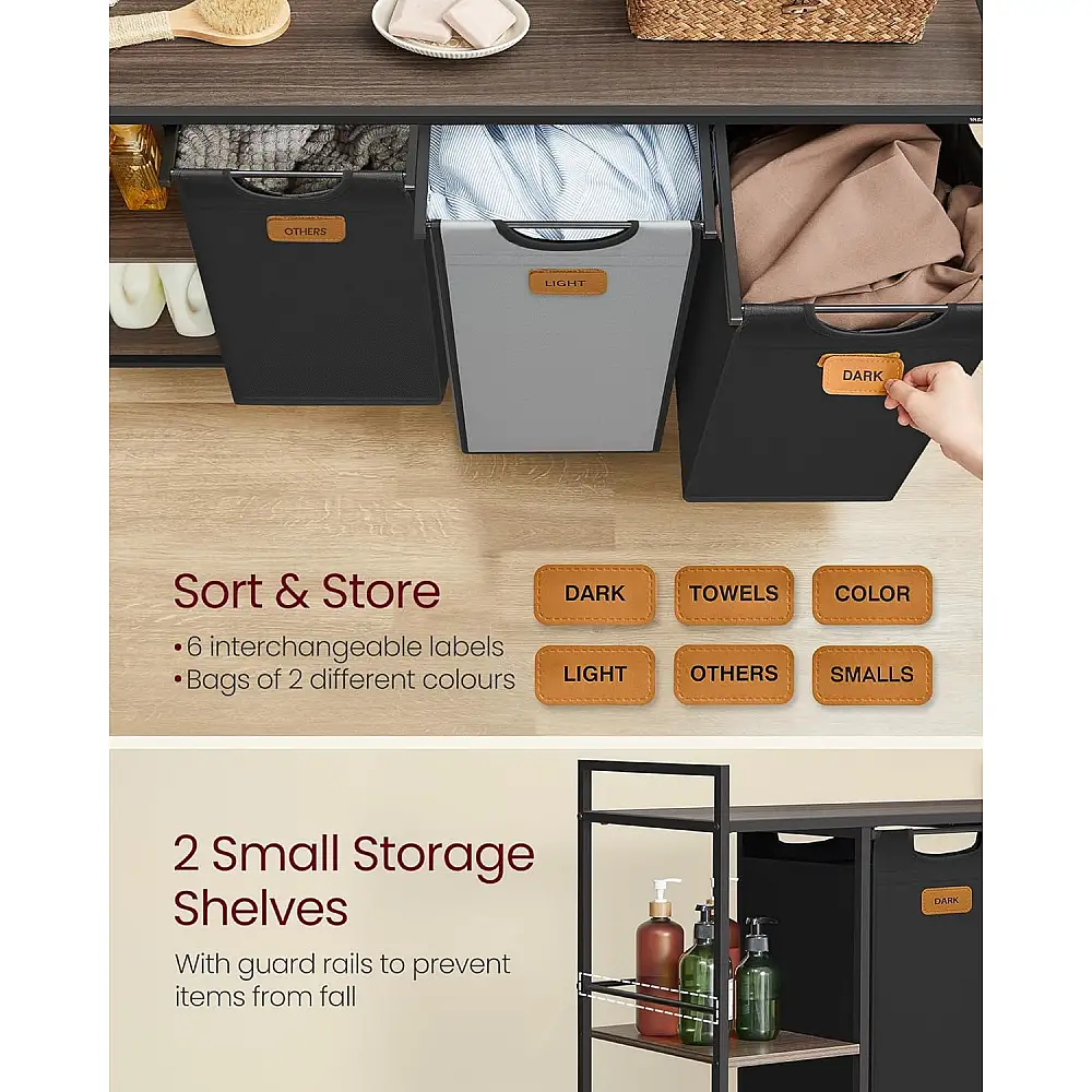 VASAGLE Τροχήλατο Έπιπλο Μπάνιου με 3 Διαχωριστικά Καλάθια Απλύτων 117x33x80.5cm Χωρητικότητας 150 Lτ BLH312B01