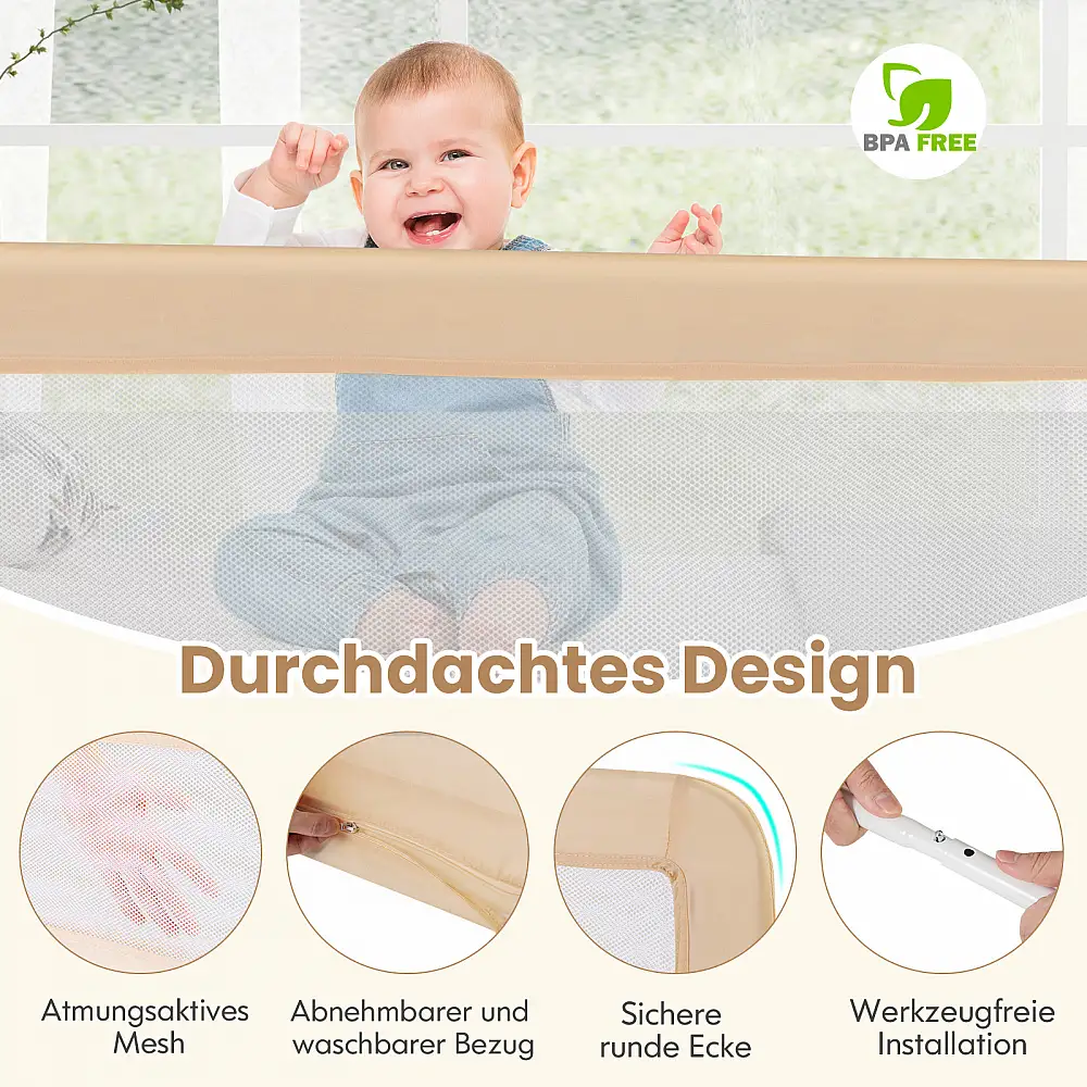 Costway 150 εκ. Αναδιπλούμενο Παιδικό Κάγκελο Κρεβατιού με Αφαιρούμενο Κάλυμμα και Διαπνέον Πλέγμα σε Μπεζ χρώμα BS10044BE