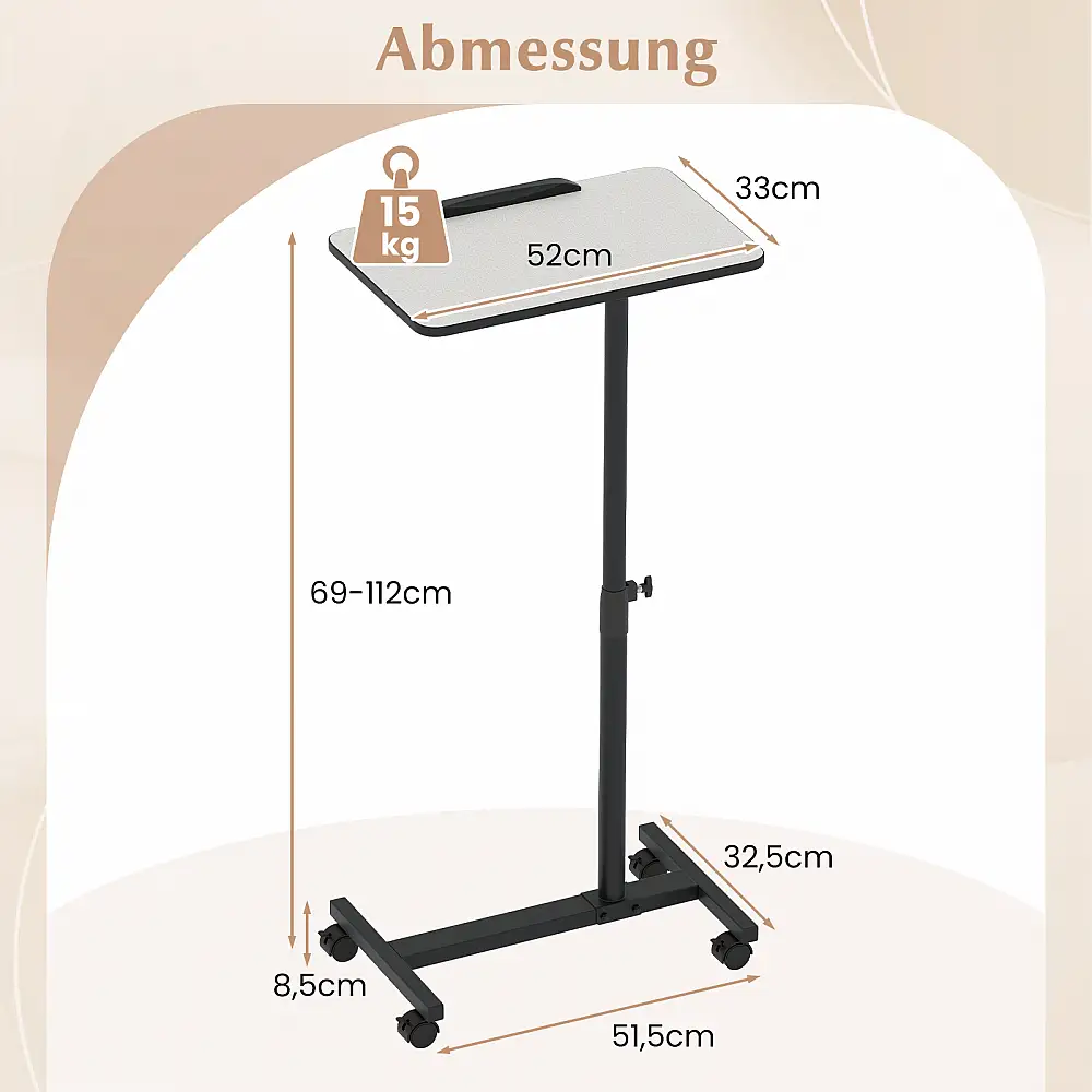 Costway Ρυθμιζόμενο Τραπέζι Κρεβατιού με Ρόδες, Κλίση & Περιστροφή 360° - Γκρι JV12759GR