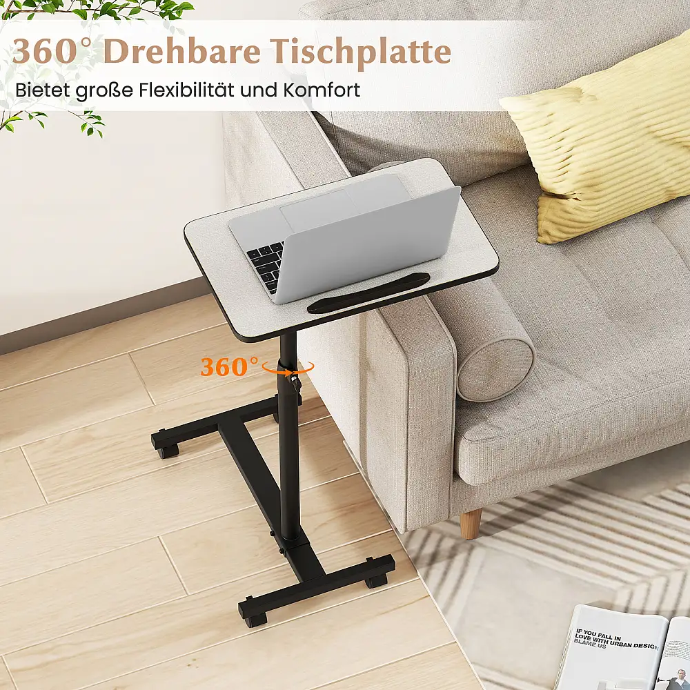 Costway Ρυθμιζόμενο Τραπέζι Κρεβατιού με Ρόδες, Κλίση & Περιστροφή 360° - Γκρι JV12759GR