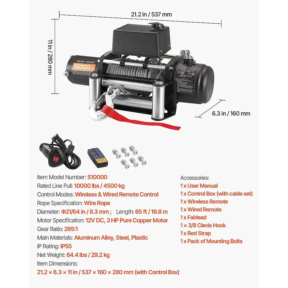 VEVOR Ηλεκτρικό Βιντζι 4500 κιλών με Χειριστήριο & Αδιάβροχη Προστασία IP55 GSSDDJP10000NEA5P001V9